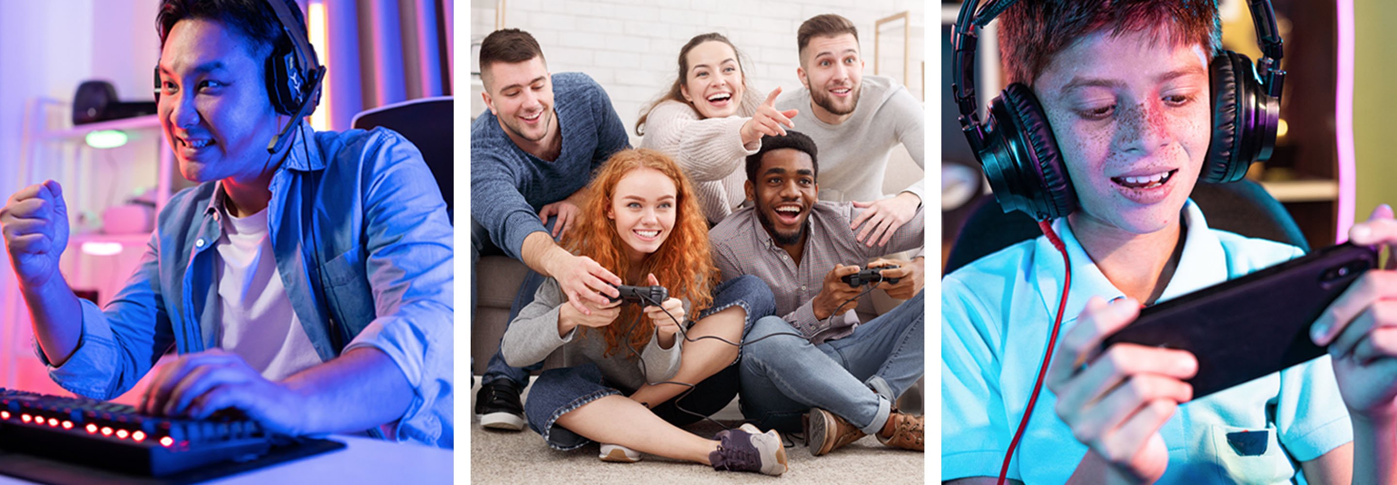 Three images of people gamingin on consoles, mobile and desktop